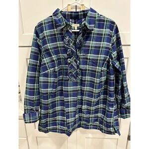 Talbots Woman Plaid Ruffle Front‎ Button Down Shirt Blue Green 1X